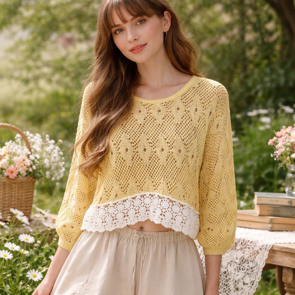 Crochet Embroidered Crop Top Mustard Sweater Open Knit Eyelet Trim Small Medium
